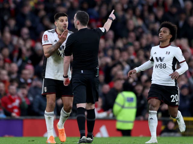 <p>Mitrovic was sent off after pushing referee Christopher Kavanagh</p>