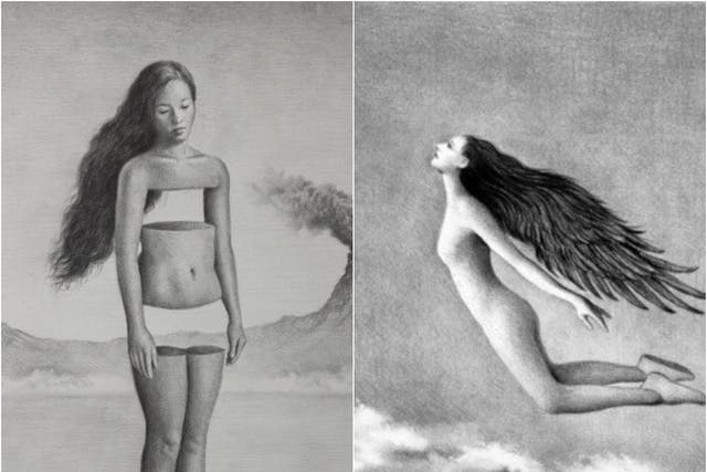 (from left to right) Raoof Haghighi’s drawings called ‘Just Take them and leave me alone’ and ‘women life freedom’ (Raoof Haghighi)