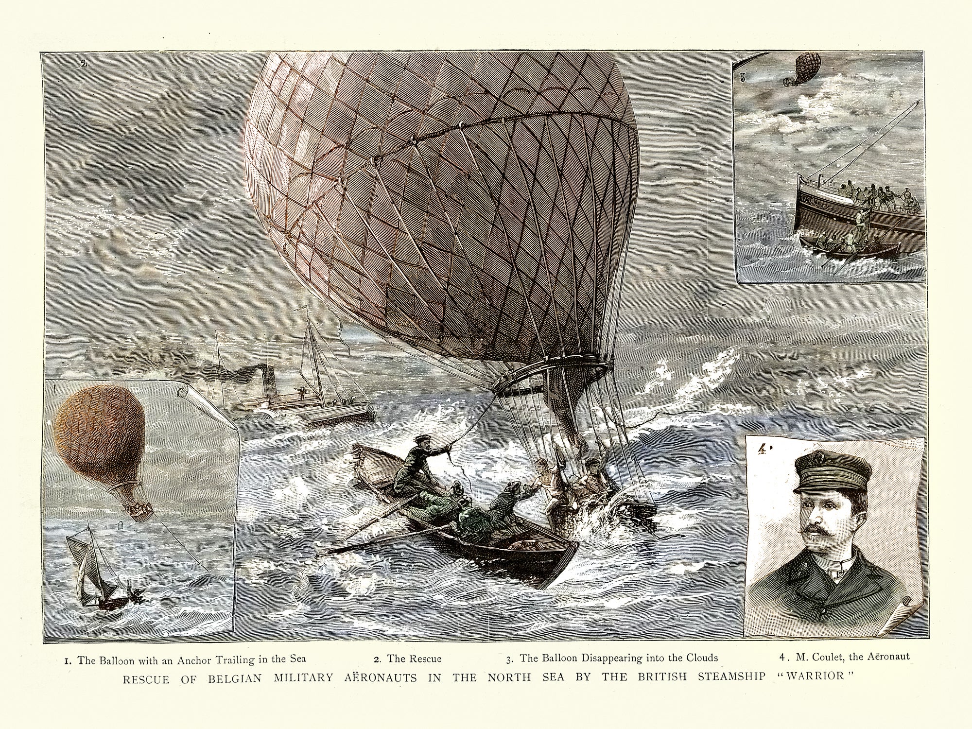 Some Belgian aeronauts being subjected to assistance by British sailors in about 1880