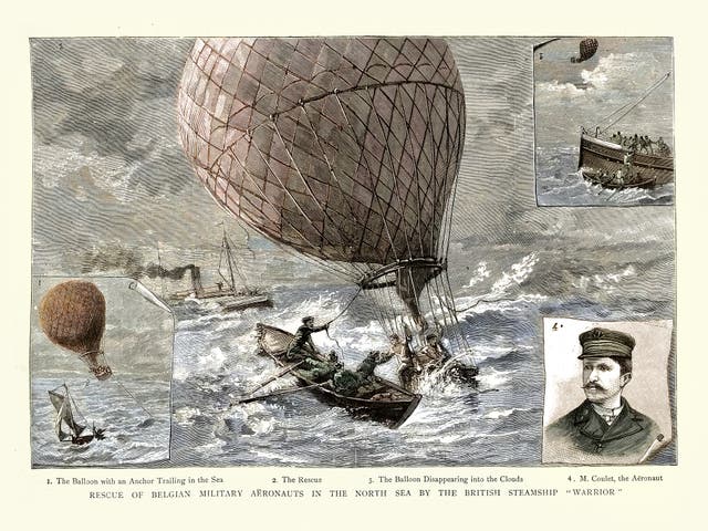 <p>Some Belgian aeronauts being subjected to assistance by British sailors in about 1880 </p>