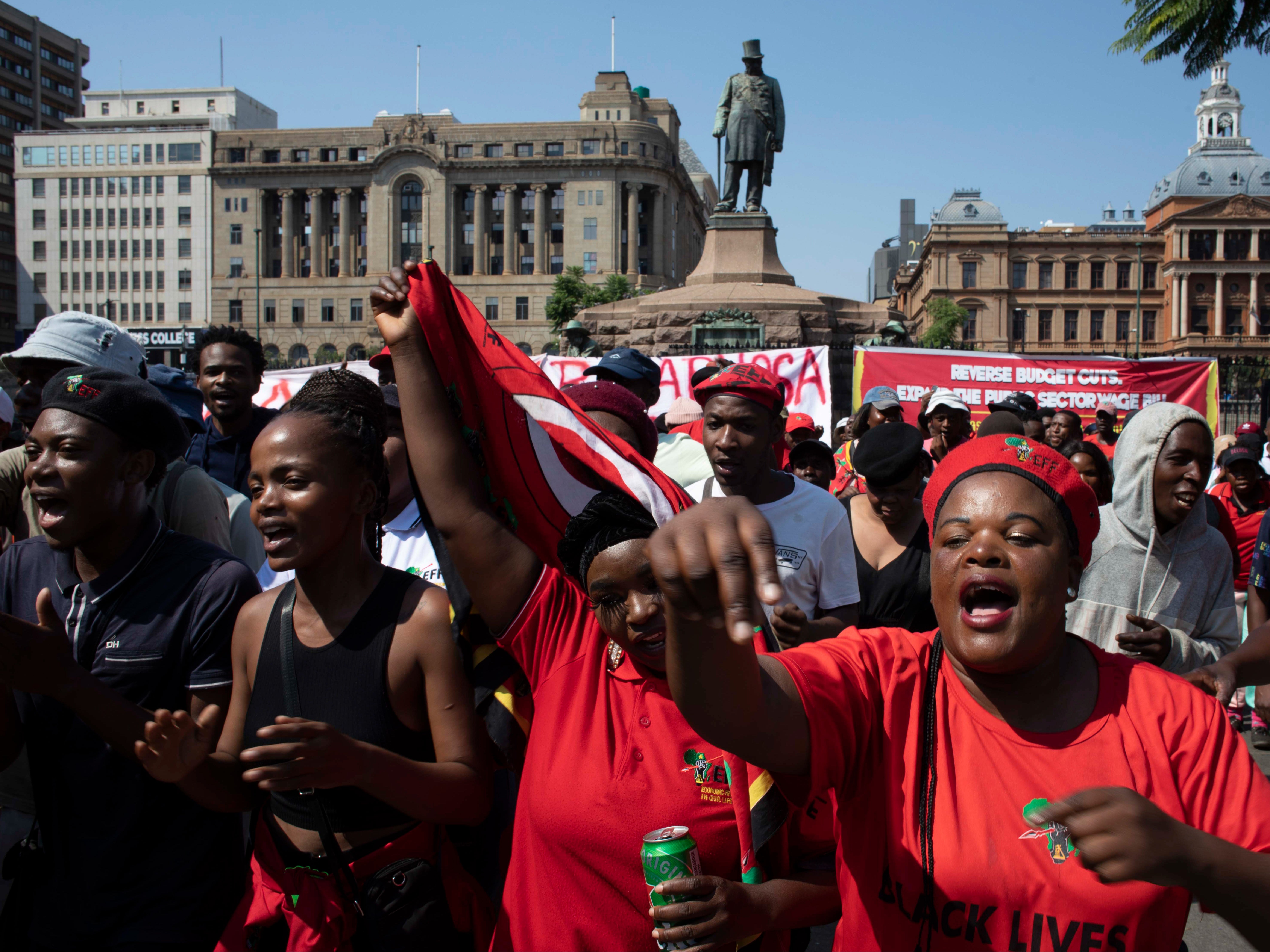 Supporters of leftist political party the Economic Freedom Fighters (EFF) protest in Church Square in Pretoria, South Africa, on 20 March 2023