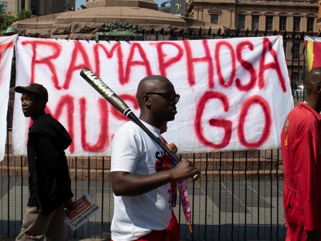 <p>EFF supporters march against Cyril Ramaphosa in Pretoria</p>