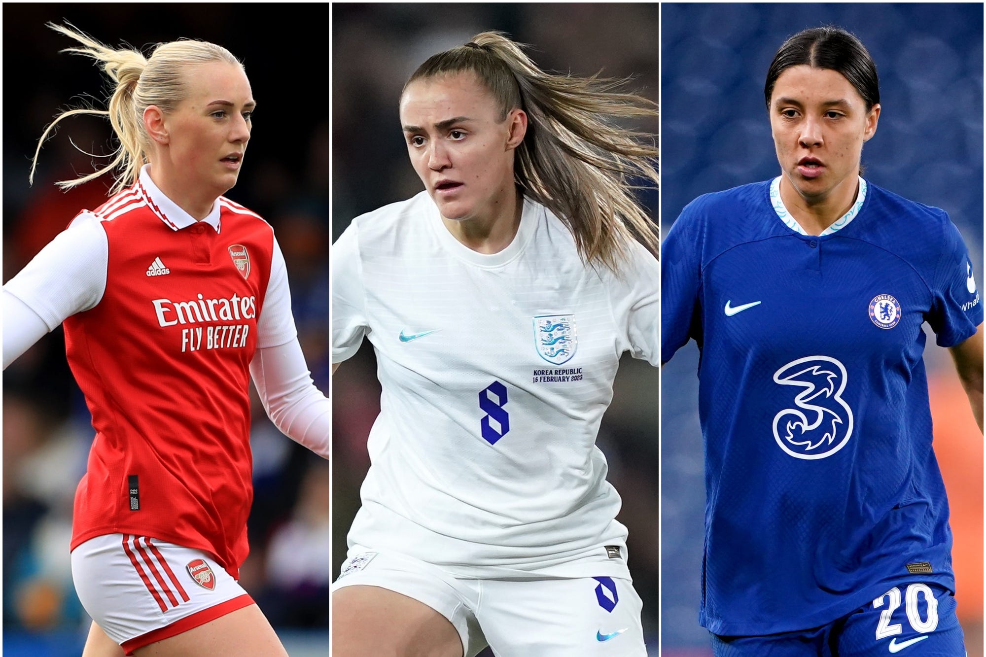 Arsenal’s Stina Blackstenius, Bayern Munich’s Georgia Stanway and Chelsea’s Sam Kerr (Bradley Collyer/Mike Egerton/Zac Goodwin/PA)