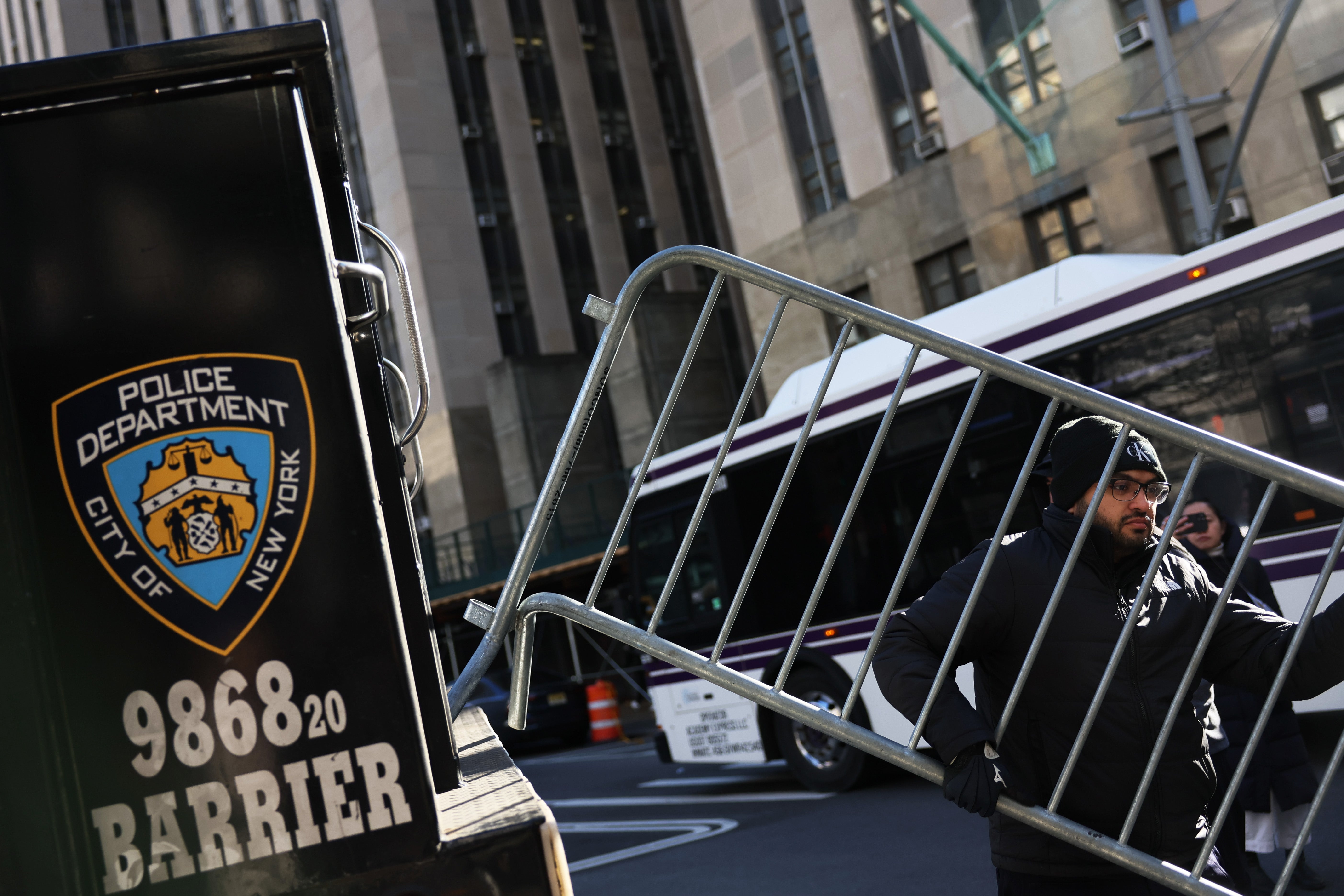 NYPD drop off metal barricades in front of Manhattan Criminal Court on March 20, 2023 in New York City amid reports Donald Trump may be indicted