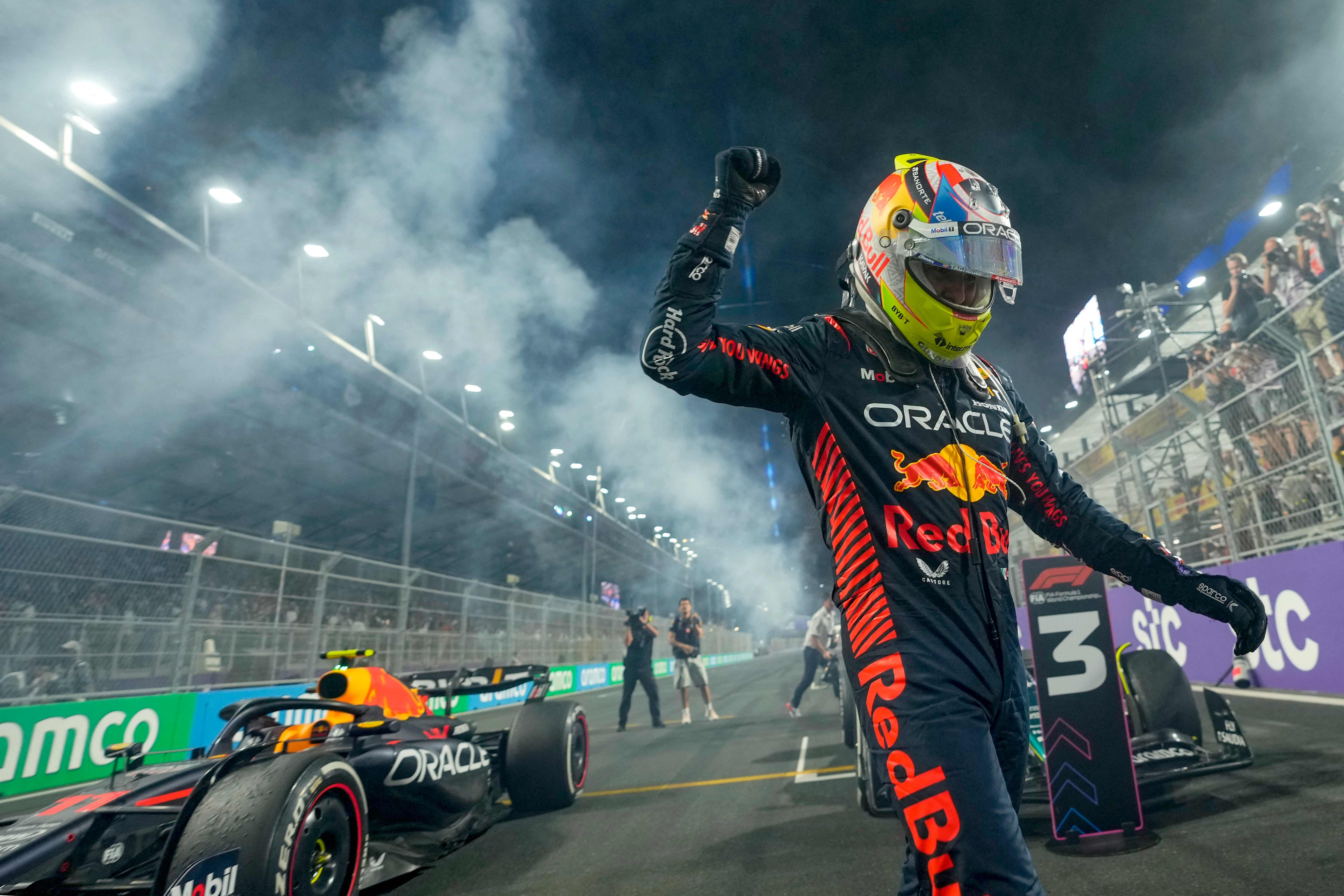 Sergio Perez celebrates winnng the Saudi Arabian Grand Prix with Red Bull