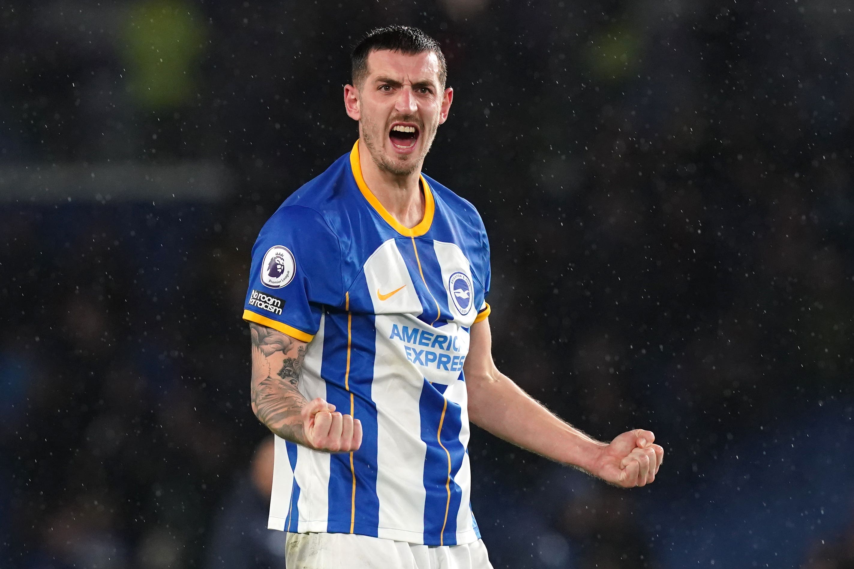 <p>Lewis Dunk celebrates after Brighton reach FA Cup semi-finals with win over Grimsby </p>