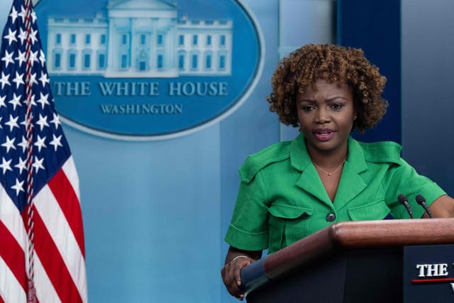 <p>White House Press Secretary Karine Jean-Pierre speaks during the daily press briefing in the Brady Press Briefing Room of the White House in Washington, DC, March 20, 2023</p>