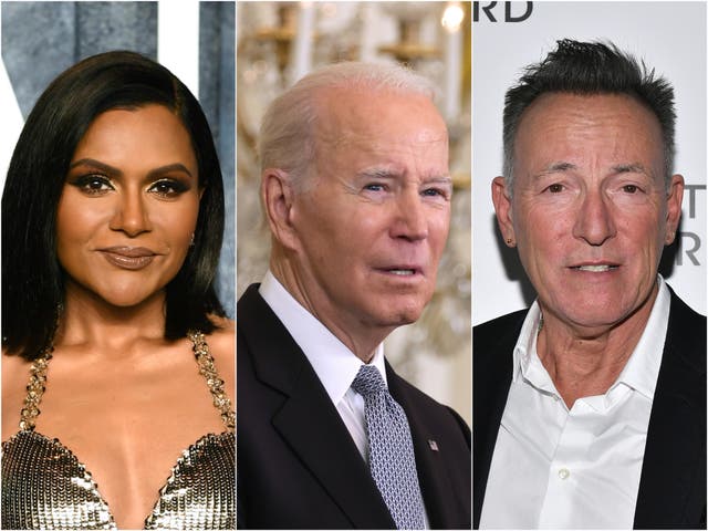 <p>(Left to right) Mindy Kaling, Joe Biden and Bruce Springsteen</p>