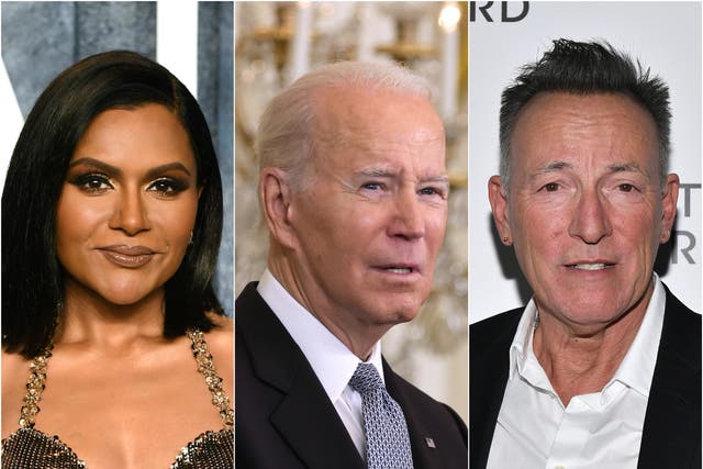 <p>(Left to right) Mindy Kaling, Joe Biden and Bruce Springsteen</p>