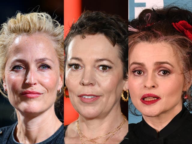 <p>‘The Crown’ co-stars Gillian Anderson, Olivia Colman and Helena Bonham Carter</p>