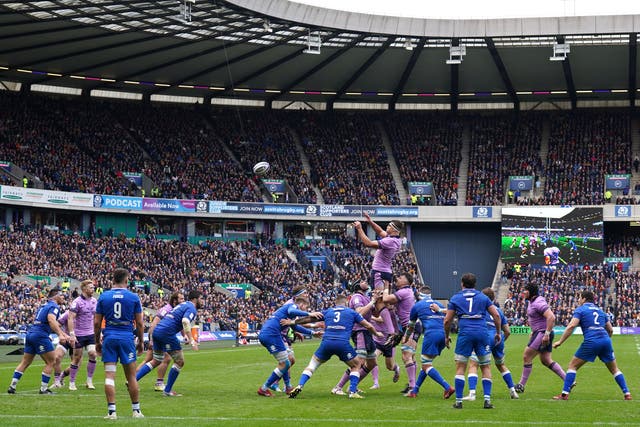 Sam Skinner attempts to claim the ball from a line-out in Scotland’s clash with Italy (Andrew Milligan/PA).