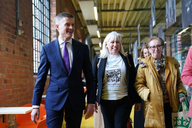 Transport Secretary Mark Harper, Amanda Solloway, MP for Derby North, and Margaret Beckett, MP for Derby South (Jacob King/PA)