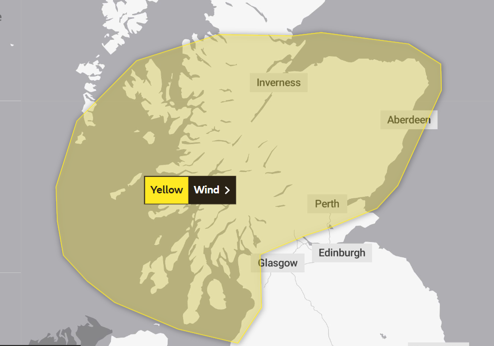 A yellow weather warning has been issued across most of Scotland until 1pm on Wednesday