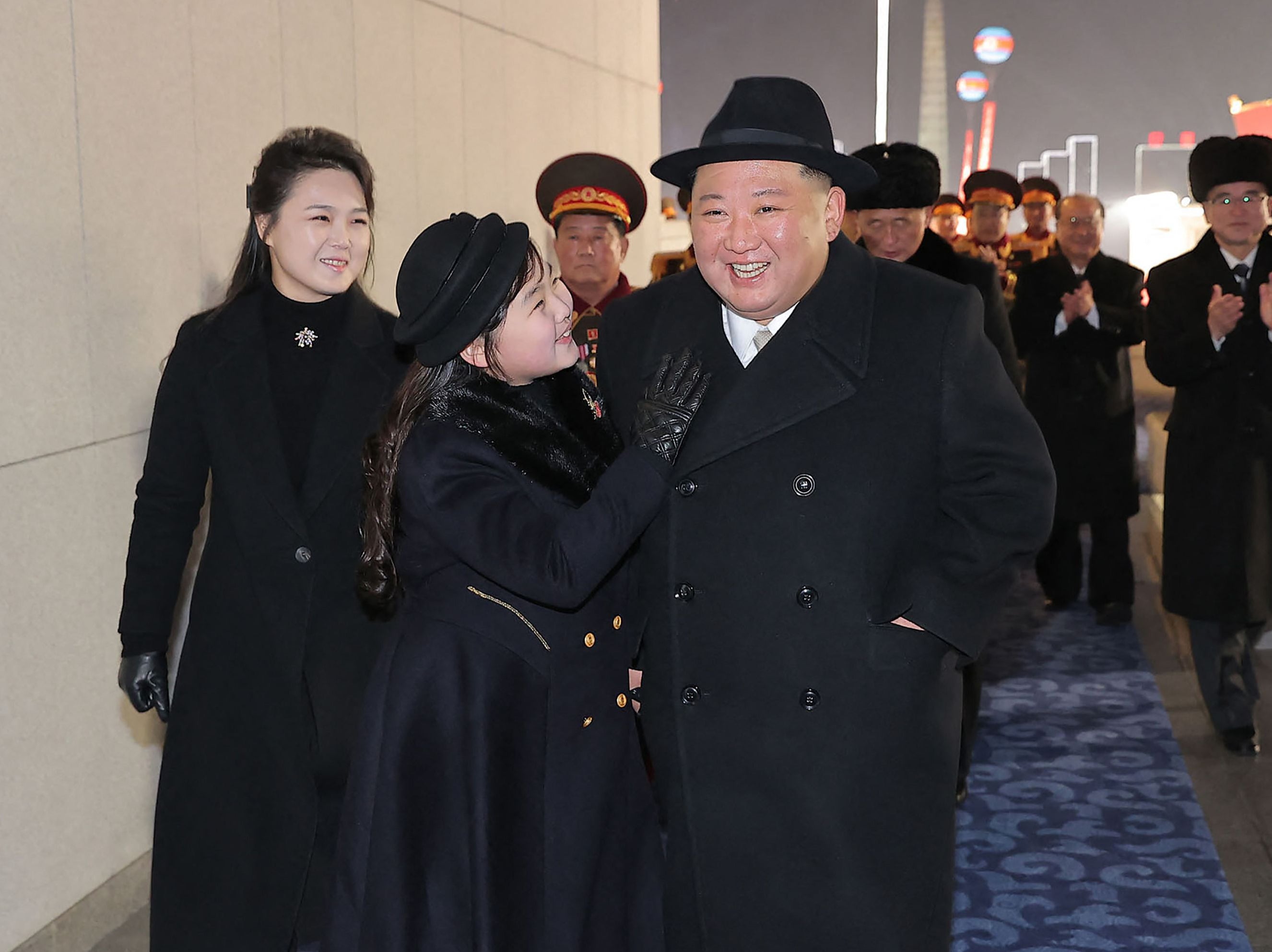<p>North Korea’s leader Kim Jong-un with his Ju Ae and wife Ri Sol Ju</p>