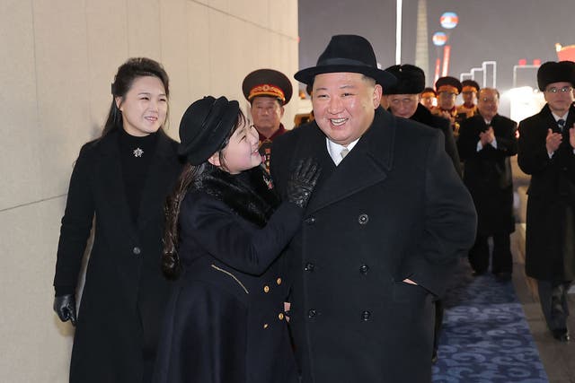 <p>North Korea’s leader Kim Jong-un with his Ju Ae and wife Ri Sol Ju</p>