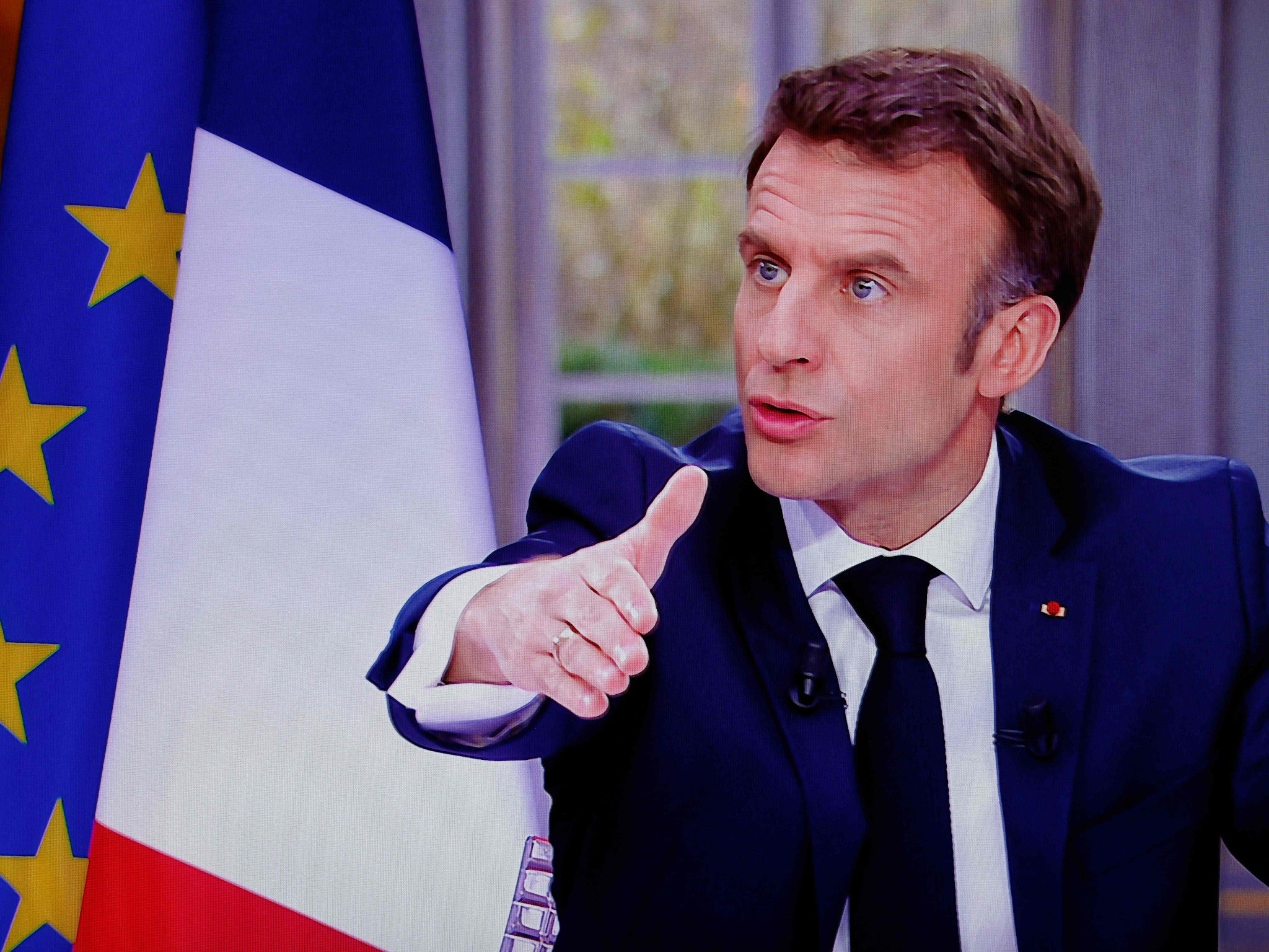 <p>Emmanuel Macron during the interview </p>