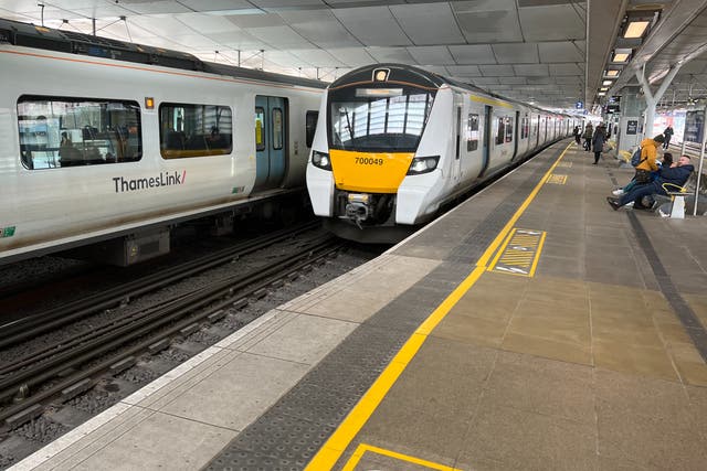 <p>Departing soon? Thameslink trains through central London were among those threatened with strike action by planned walk-outs in March and April</p>