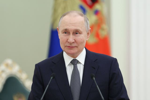 <p>Russian president Vladimir Putin gives a speech during a ceremony to present presidential prizes for young culture professionals and writing and art for children and young people, at the Kremlin</p>