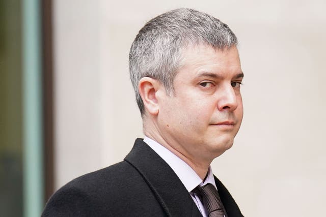Pc Matthew Peall leaves Westminster Magistrates’ Court in London, where he is charged with misconduct in a public office for allegedly ‘abusing his position for a sexual purpose’ (James Manning/PA)