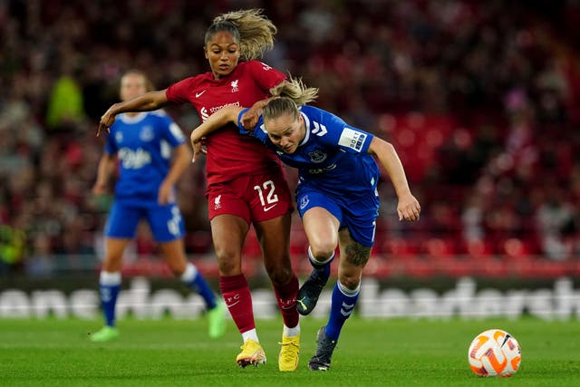 Liverpool’s Taylor Hinds battles with Everton’s Lucy Graham during last September’s match at Anfield (Martin Rickett/PA)