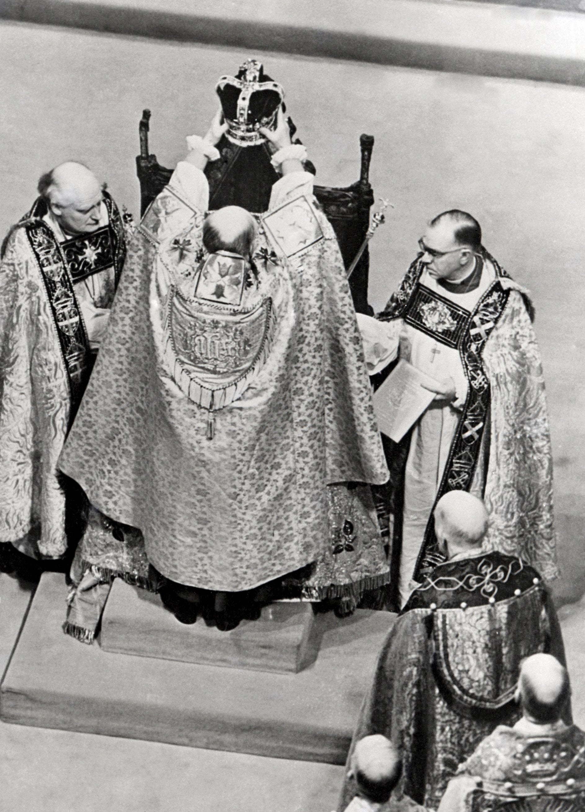 A picture of the coronation of Queen Elizabeth II, sitting on the Coronation Chair, known as St Edward's Chair, on June 2, 1953