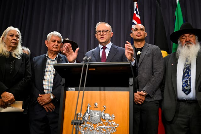 <p>Anthony Albanese with members of the First Nations Referendum Working Group on Thursday</p>