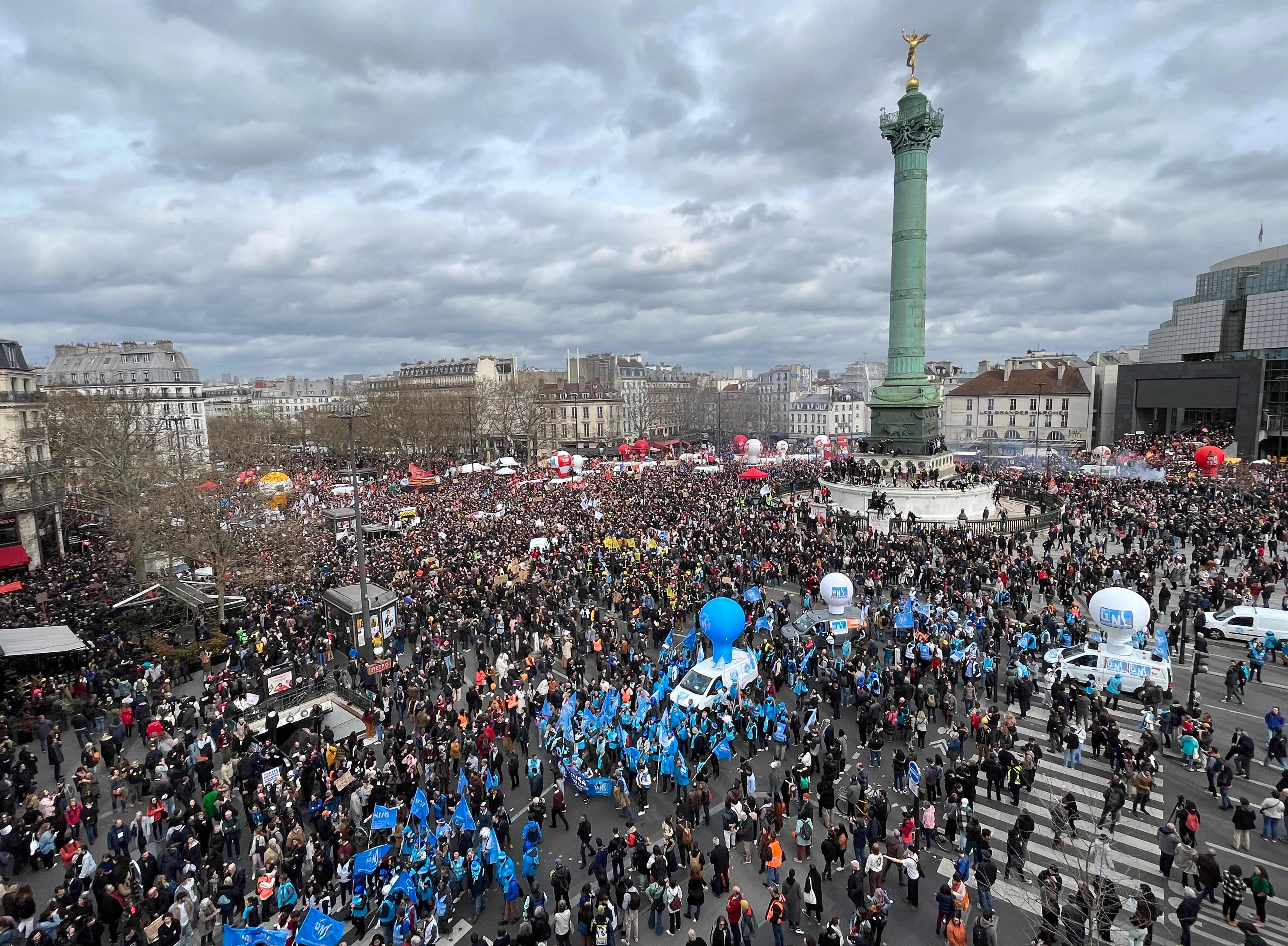 Protestors gather at Place de la Bastille in Paris