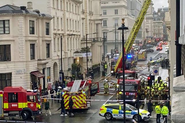Photo taken with permission from the Twitter feed of @CharWhittle741 of some 70 firefighters that are battling to control a blaze at a five-storey hotel near Paddington railway station in central London (Charlotte Whittle/PA)