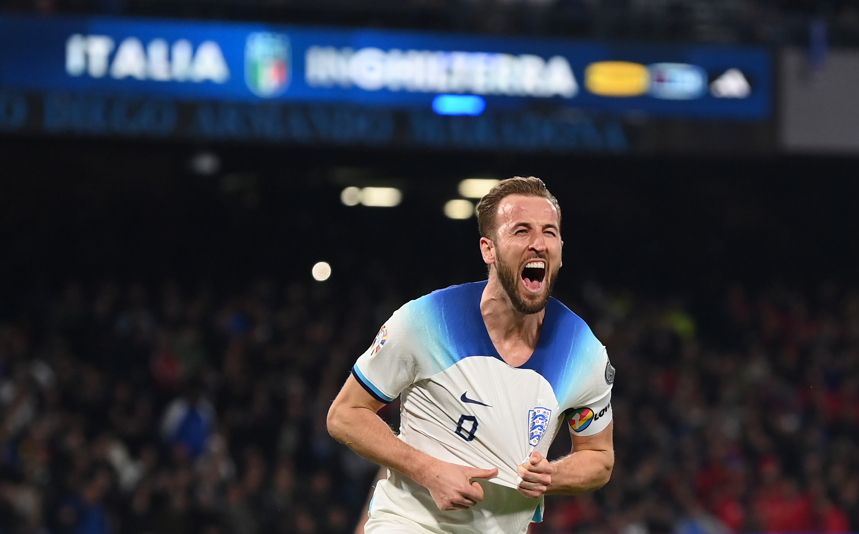 Harry Kane roars after scoring his 54th England goal