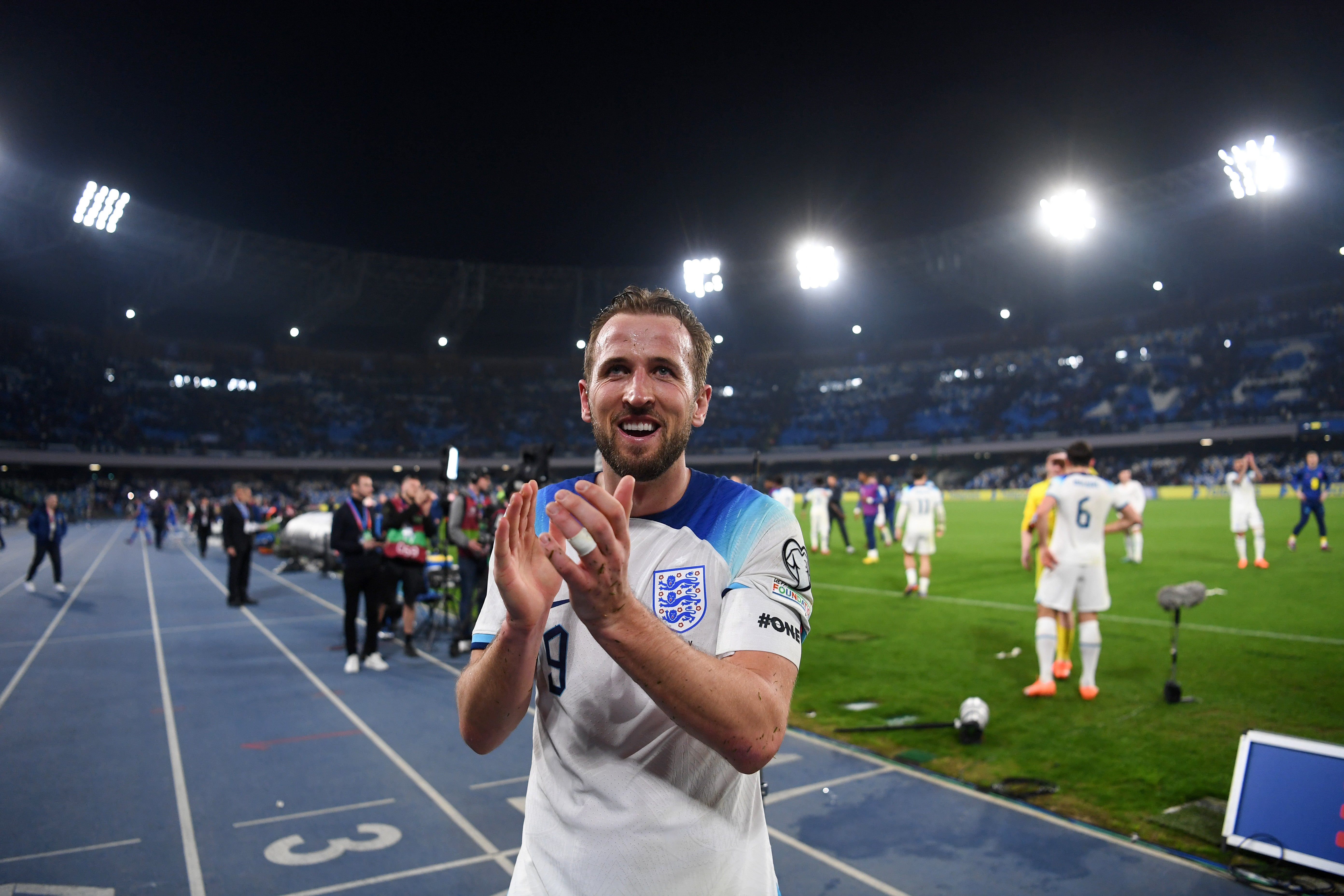 Harry Kane applauds England fans after the victory in Naples