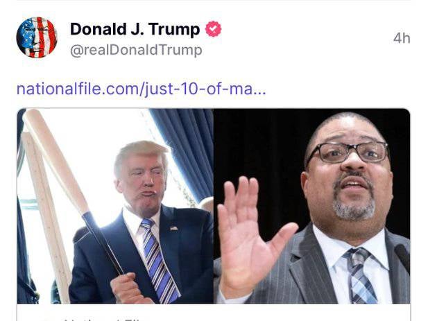 Donald Trump posts article featuring picture of him holding baseball bat to Alvin Bragg’s head