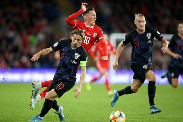 Harry Wilson (centre) and Luka Modric (left) battle for possession in Wales’ 1-1 draw with Croatia in Cardiff in October 2019 (Nigel French/PA)