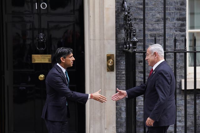 Prime Minister Rishi Sunak (left) welcomes the Israeli Prime Minister Benjamin Netanyahu to 10 Downing Street, London, ahead of their meeting (Stefan Rousseau/PA)