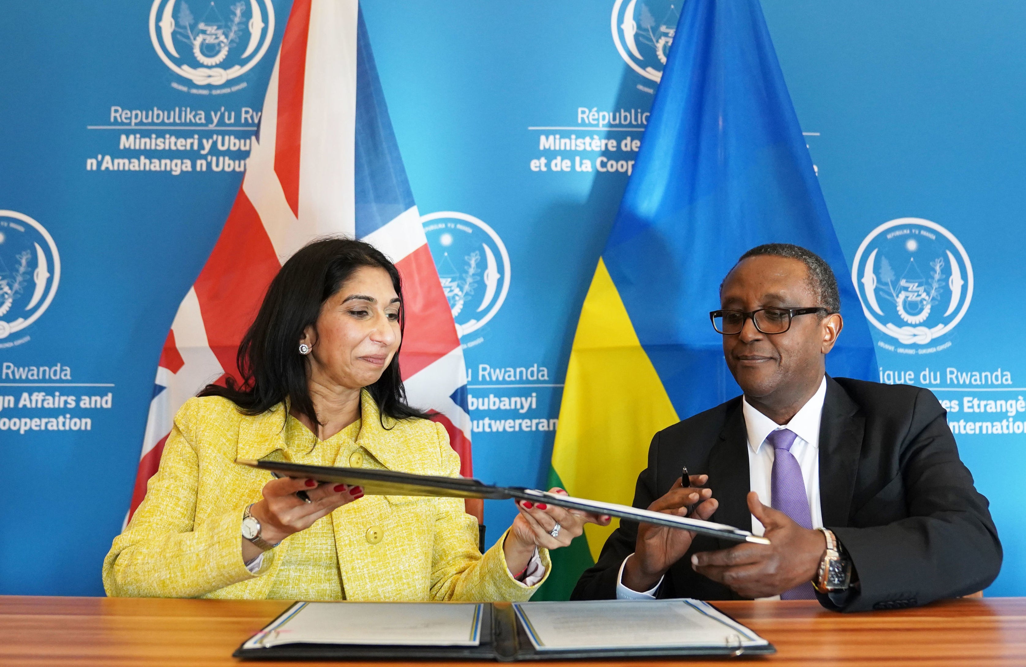 Suella Braverman and Rwandan minister for foreign affairs Vincent Biruta in Kigali last month