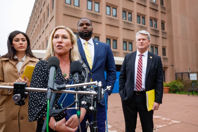 <p>Marjorie Taylor Greene speaks alongside Anna Paulina Luna, Byron Donalds and Mike Collins outside the DC Department of Corrections on March 24, 2023</p>