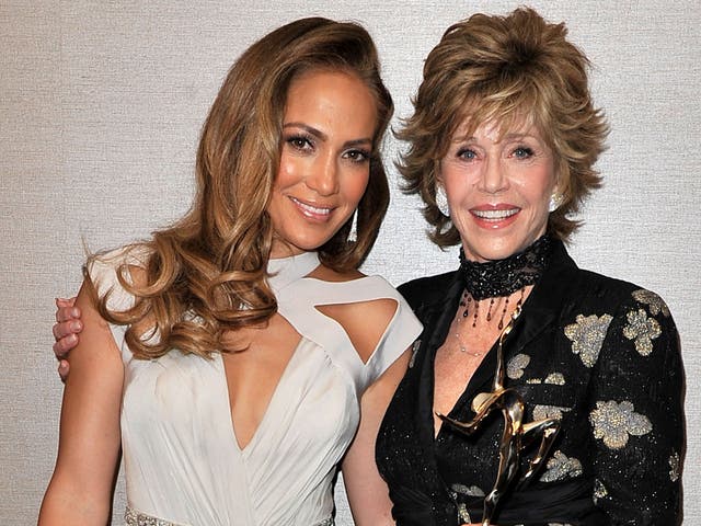 <p>Jennifer Lopez and Jane Fonda pose backstage at UCLA Longevity Center's 20th Anniversary ICON Awards on June 4, 2011</p>