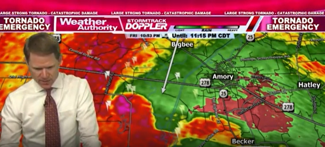 <p>Overwhelmed weatherman prays as Mississippi tornado news comes in on live TV</p>