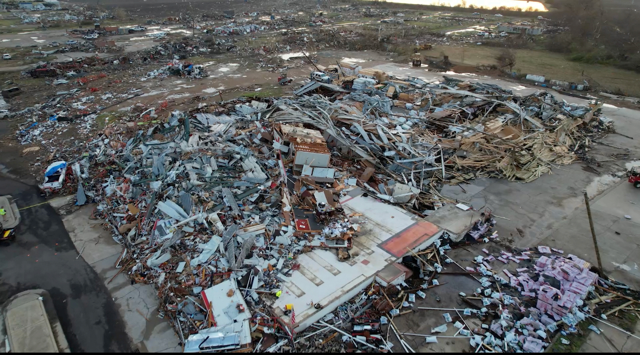 An aerial view of the aftermath of a tornado in Rolling Fork, Mississippi