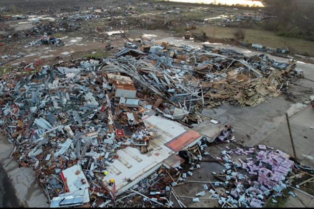 <p>An aerial view of the aftermath of a tornado in Rolling Fork, Mississippi</p>