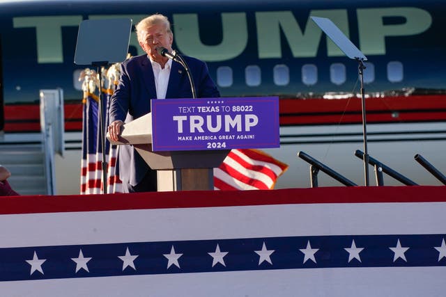 <p>Former President Donald Trump speaks at a campaign rally at Waco Regional Airport Saturday, March 25, 2023, in Waco, Texas</p>