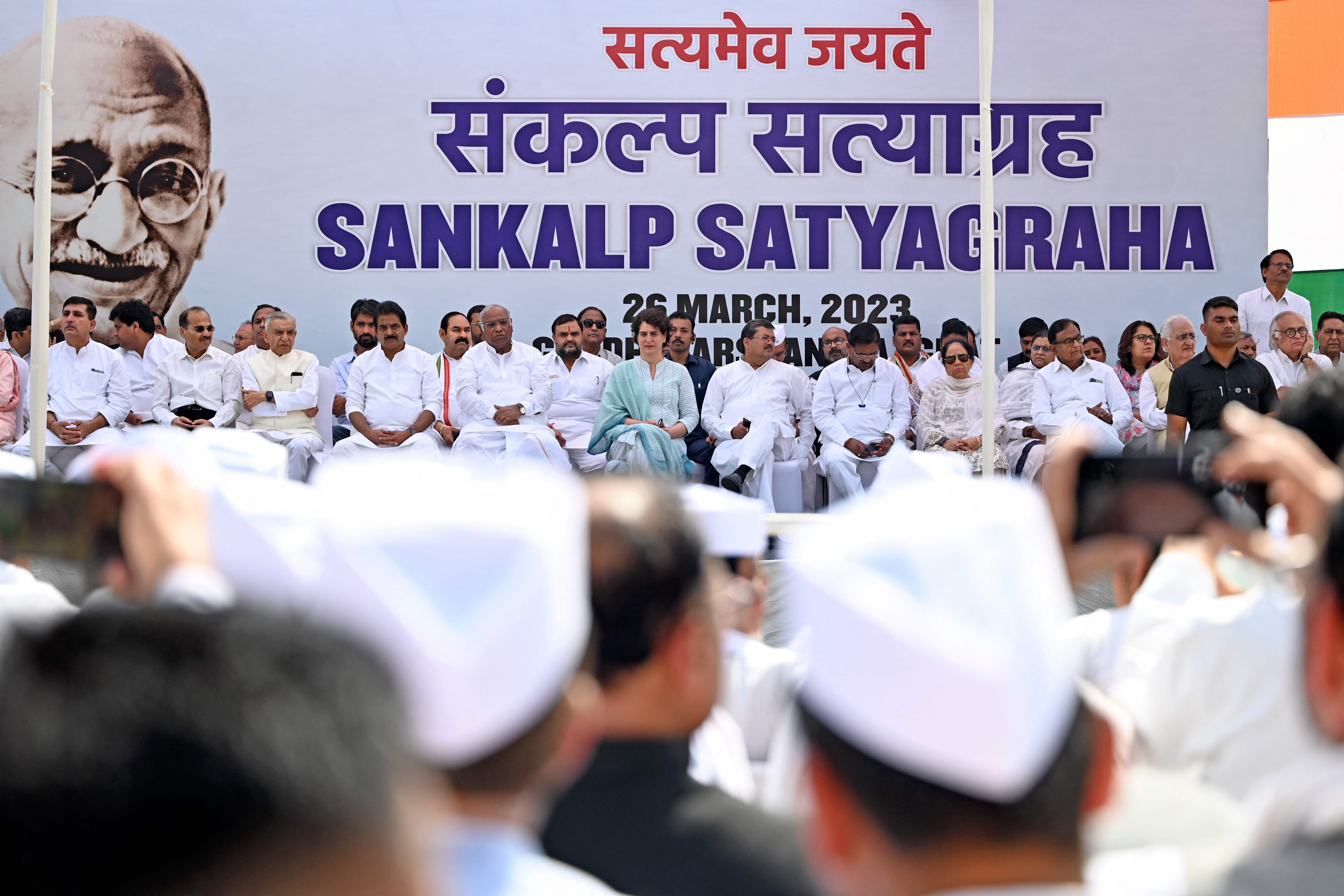 India’s Congress party leaders take part in Sankalp Satyagraha at Raj Ghat in New Delhi