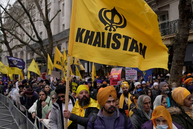 <p>Protestors of the Khalistan movement demonstrate outside of the Indian High Commission in London on 22 March 2023</p>