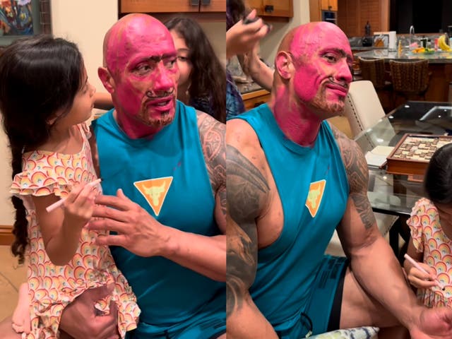 <p>Dwayne Johnson and his two younger daughters giving him a makeover</p>