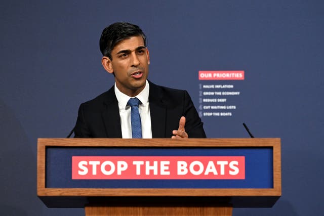 Prime Minister Rishi Sunak during a press conference in Downing Street, London, after the Government unveiled plans for new laws to curb Channel crossings as part of the Illegal Migration Bill. New legislation will be introduced which means asylum seekers will be detained and “swiftly removed” if they arrive in the UK through unauthorised means. Picture date: Tuesday March 7, 2023.