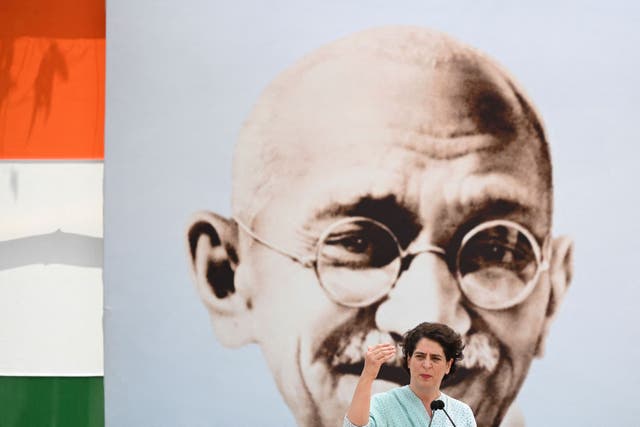 <p>Congress party leader Priyanka Gandhi Vadra speaks at a rally in New Delhi on Sunday</p>