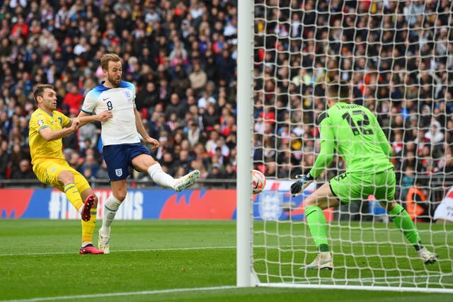 <p>Harry Kane steers home England’s opening goal</p>