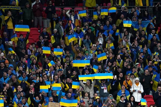 Ukraine fans in the stands show their support following the UEFA Euro 2024 Group C qualifying match at Wembley Stadium, London. Picture date: Sunday March 26, 2023.