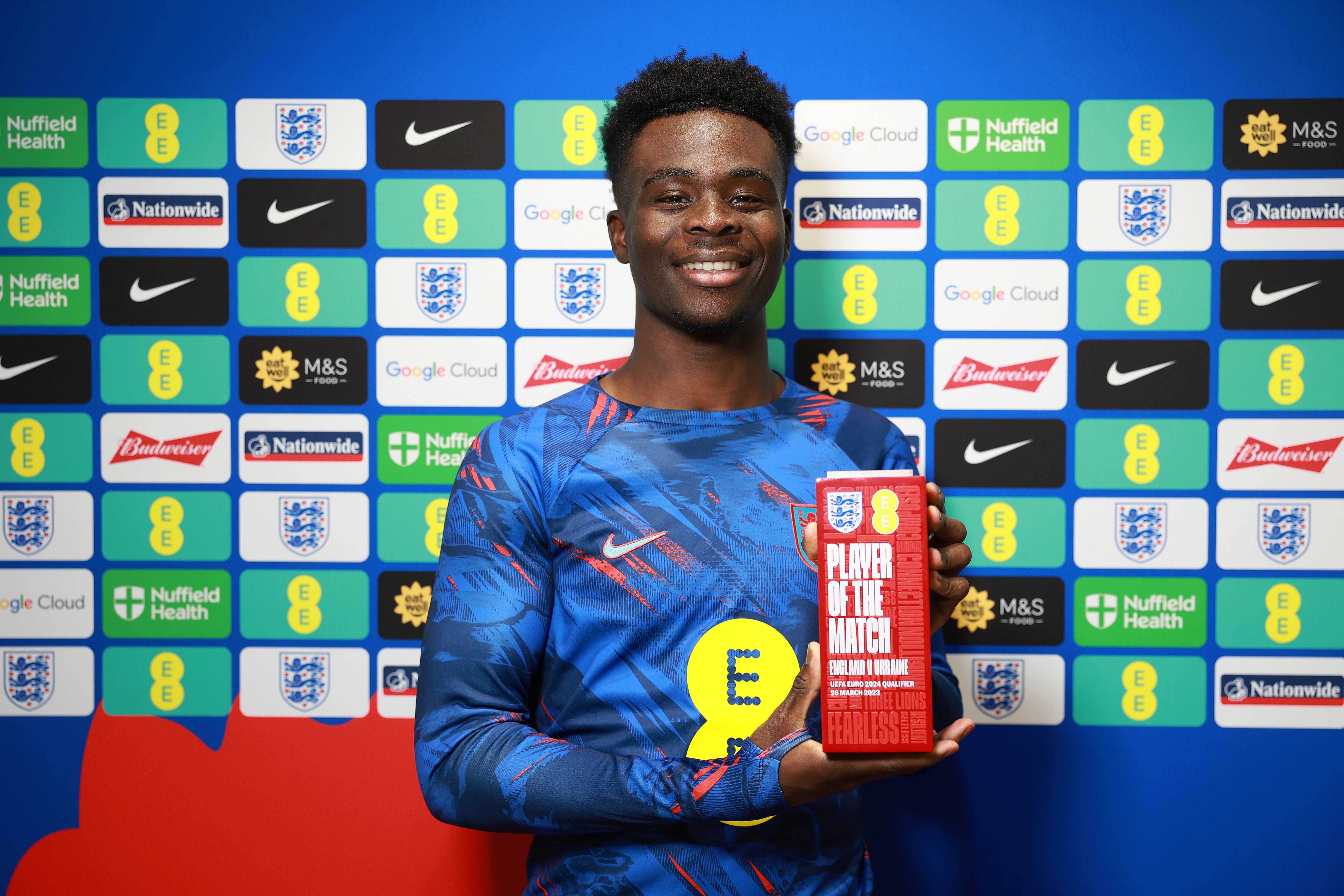 Bukayo Saka poses with his player of the match award