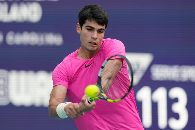 Carlos Alcaraz beat Dusan Lajovic 6-0 7-6 (5) in Miami (Marta Lavandier/AP)