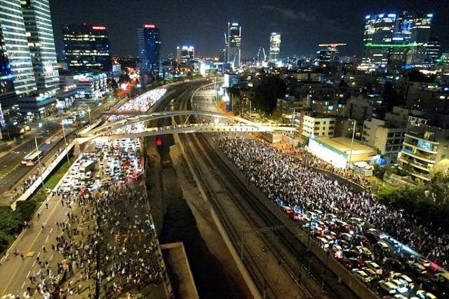 <p>An aerial view of thousands of Israelis taking to the streets in response to Prime Minister Benjamin Netanyahu’s surprise sacking of his defence minister Yoav Gallant in Tel Aviv, Israel </p>